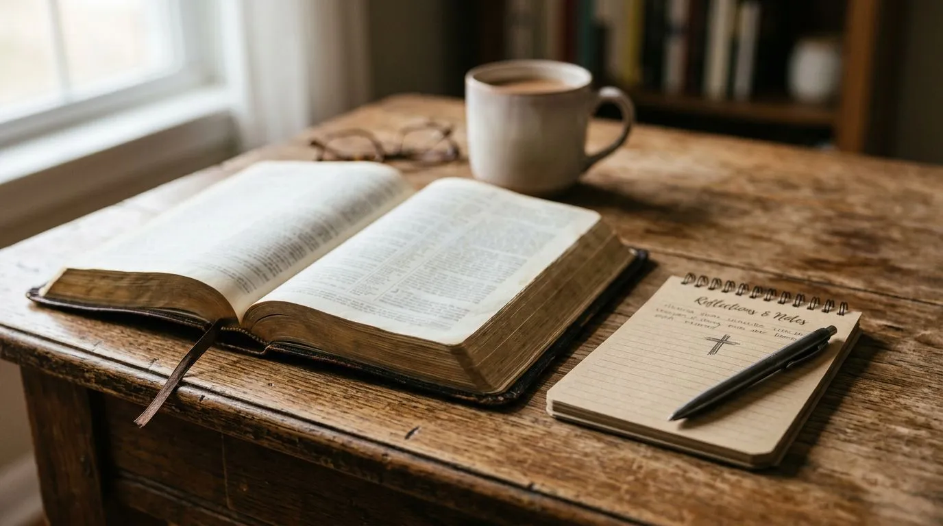 An open Bible and notebook showing reflective Bible reading of Revelation.
