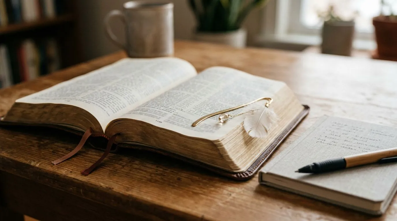 Close-up of an open Bible with a notepad and pen nearby, quiet atmosphere, no readable text or people.