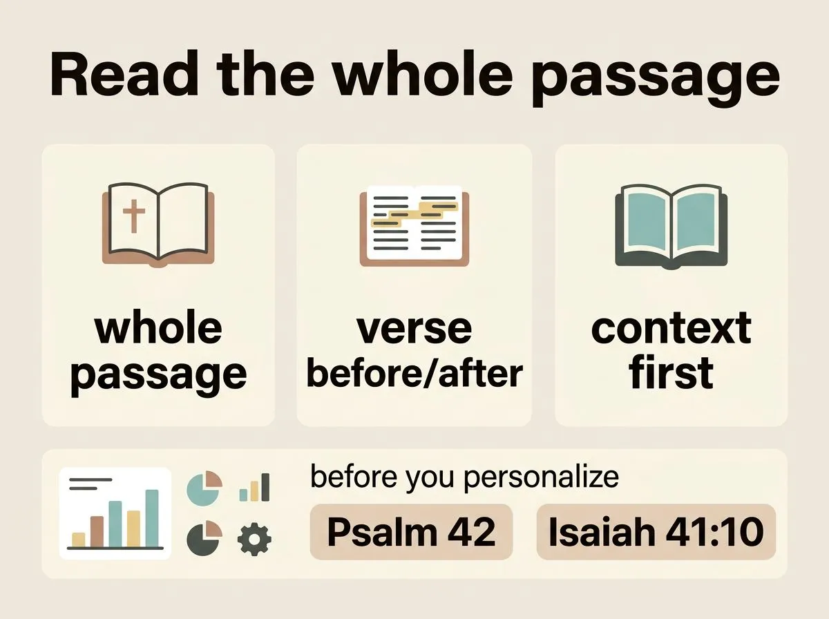 Infographic-style graphic showing how to read Bible verses in context: whole passage, nearby verses, and key examples like Psalm 42 and Isaiah 41:10.