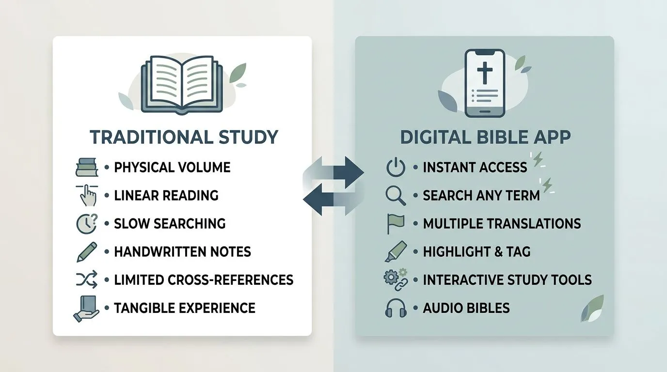 Comparison graphic showing how Bible apps enable instant search and additional study features.