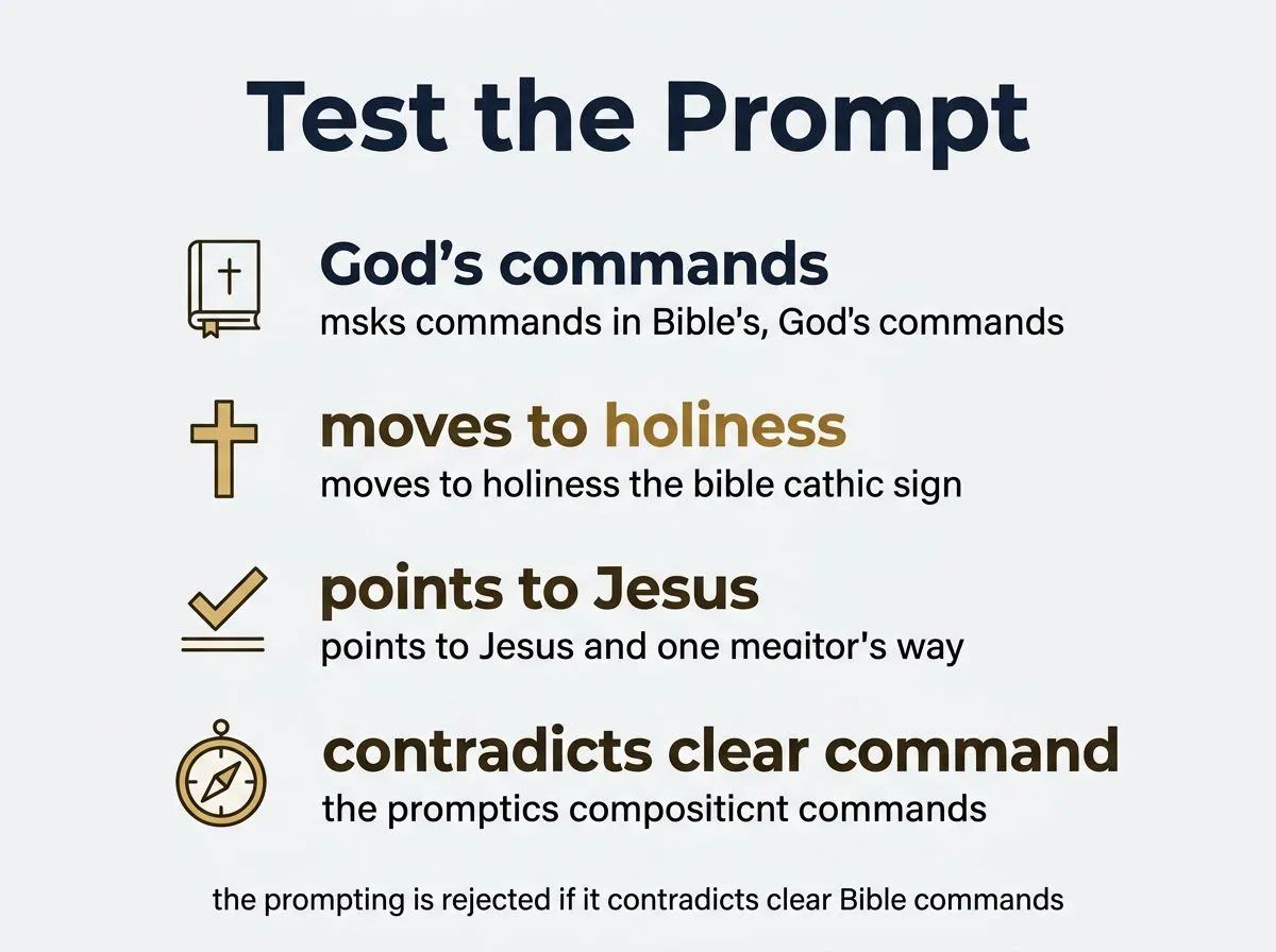 Infographic checklist for testing a prompting against Scripture, with short labeled steps.