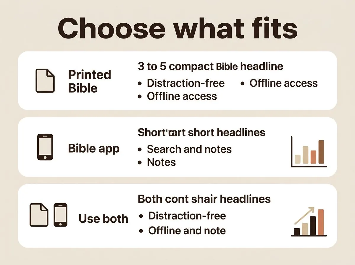 Infographic decision guide for choosing printed Bible or Bible app for daily faith.