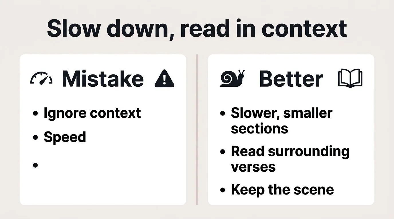 Comparison graphic of common Bible reading mistakes versus better habits like slowing down and reading context.