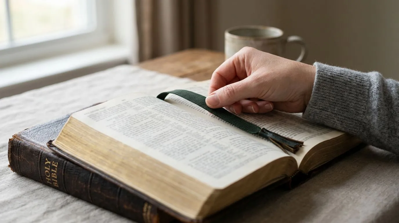 Hand marking a passage in an open Bible in a peaceful setting