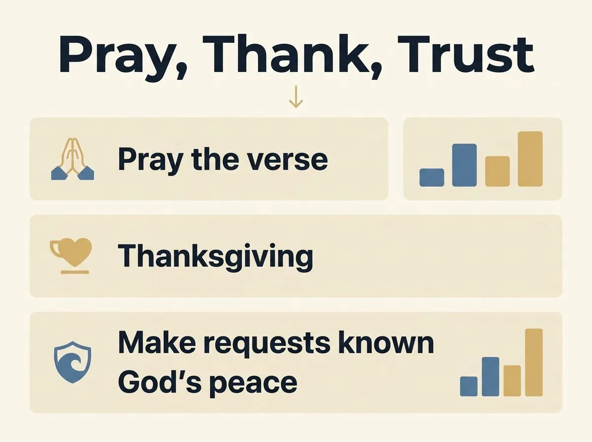 Infographic showing a simple prayer flow for anxiety: pray the verse, add thanksgiving, share requests, and trust God’s peace.