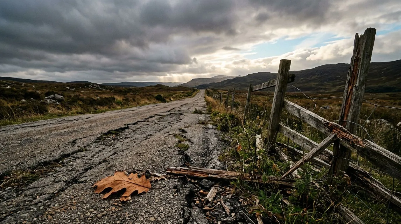 Cracked road and broken fence under an overcast sky, conveying consequence and hope.