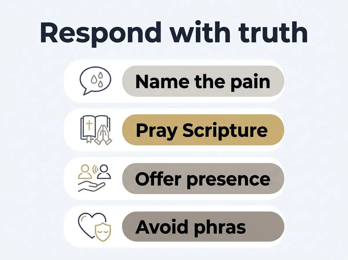 Infographic-style steps for responding pastorally in suffering, using simple icons and short labels.