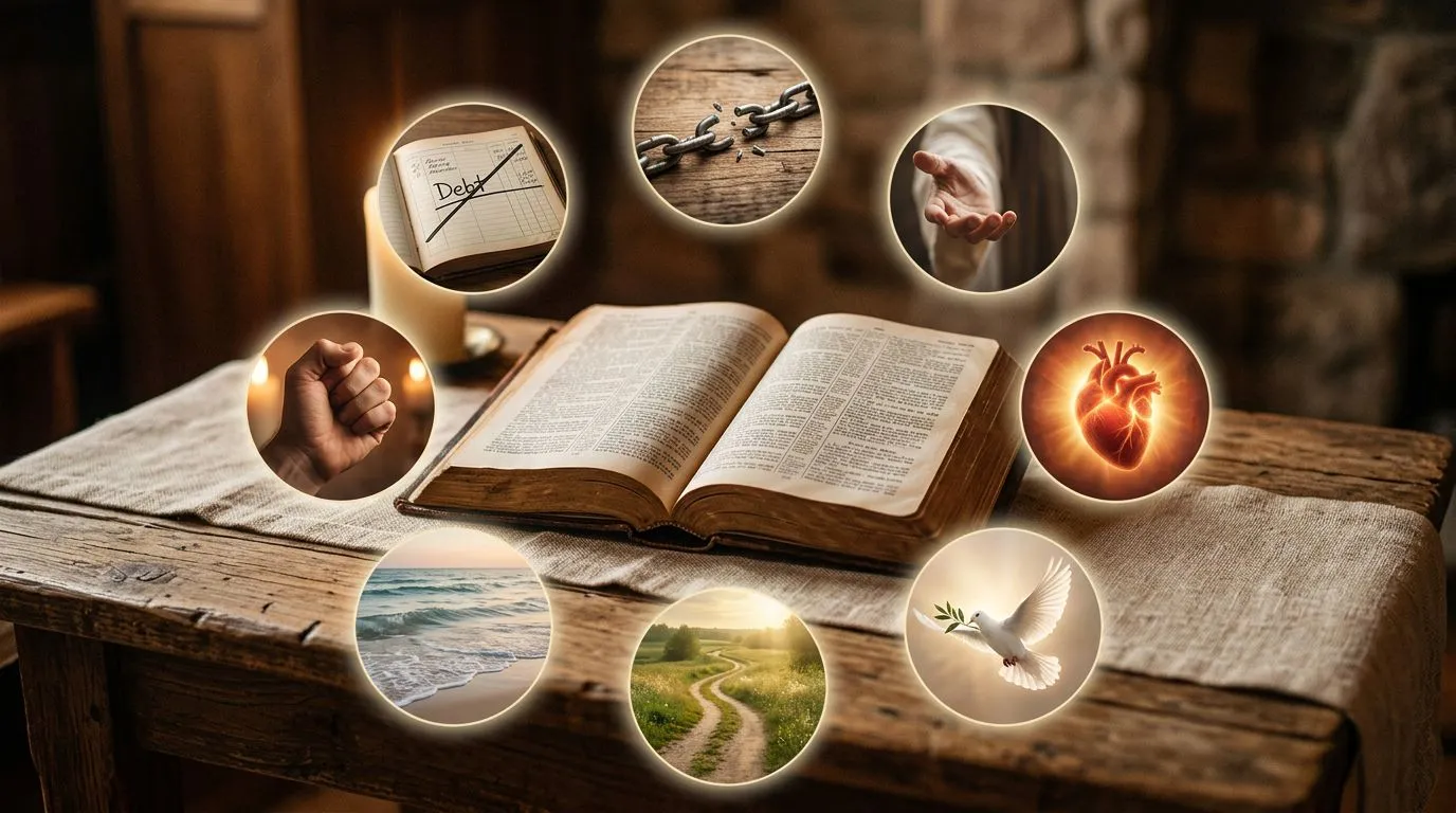 Open Bible with surrounding symbolic vignettes suggesting eight biblical examples of forgiveness, no text and no faces.