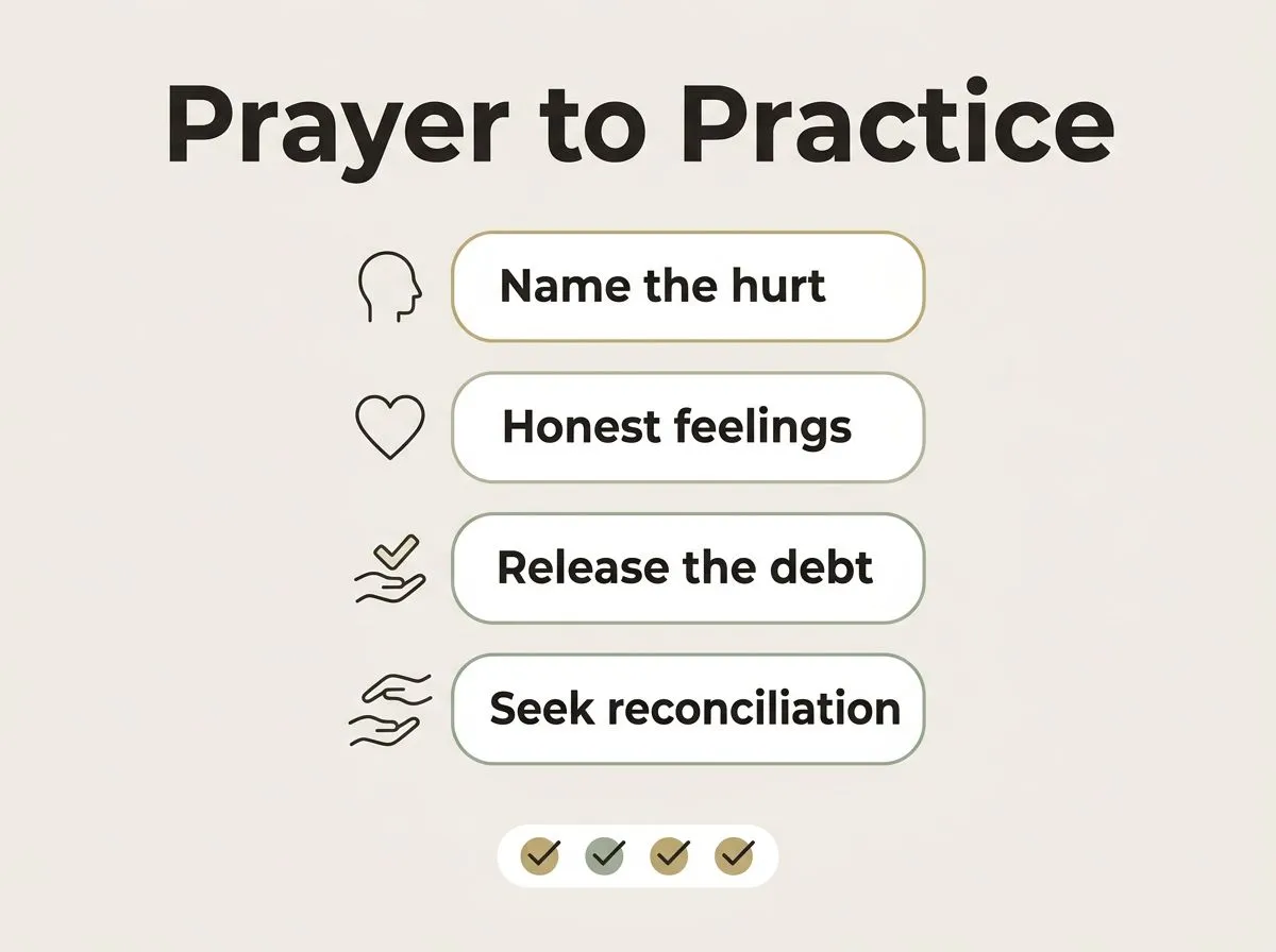 Infographic with four labeled steps and a small checklist for applying biblical forgiveness in prayer and daily life, with text rendered on the image.