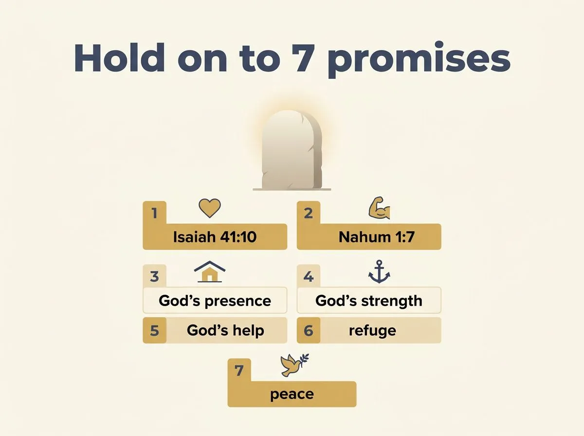 Infographic listing seven promises from God for hard seasons with minimal labeled blocks.