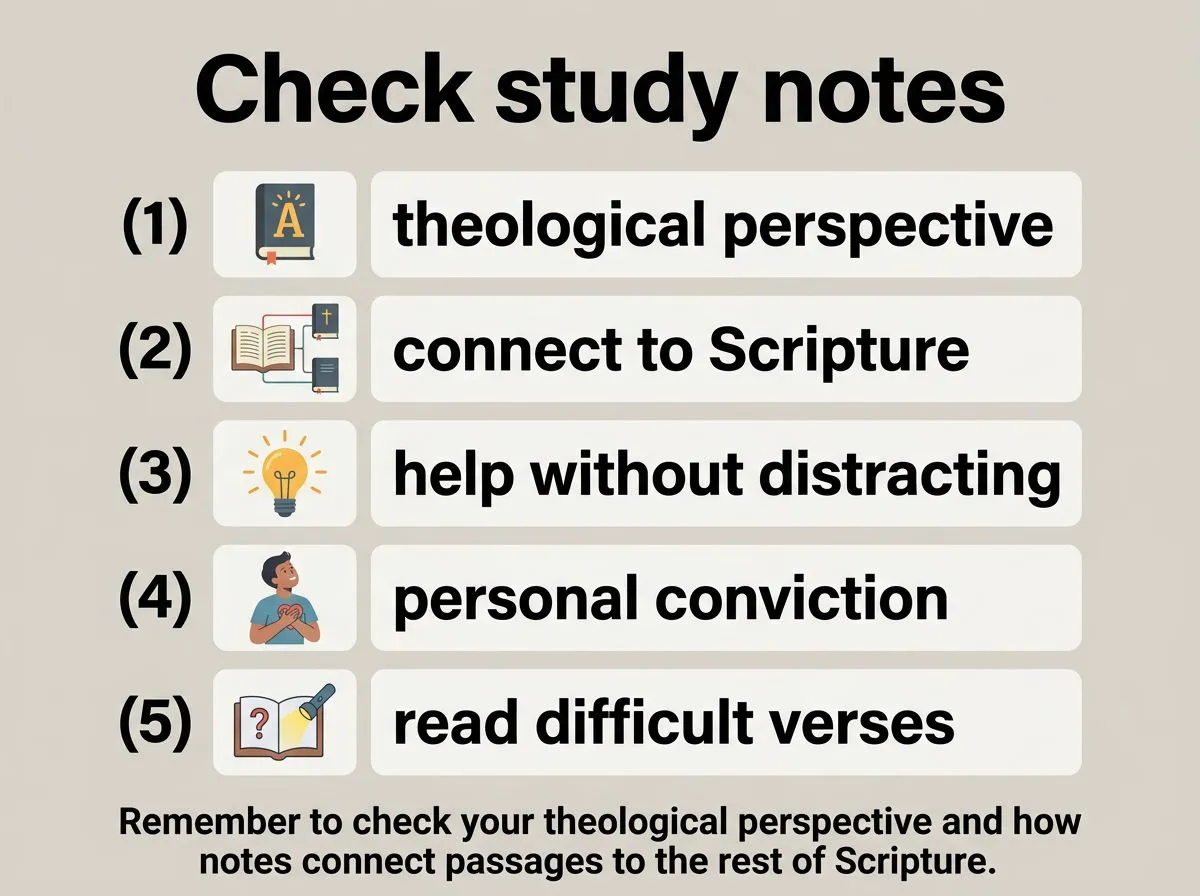 Infographic checklist of what to look for in study notes and other Bible helps.