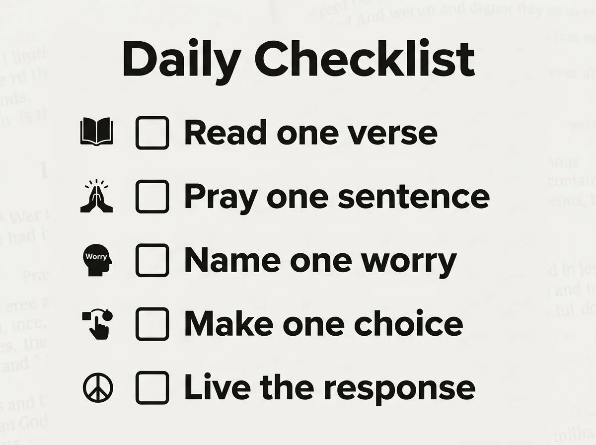 Infographic checklist with icons for reading Scripture, praying, naming worry, making a choice, and living the response.