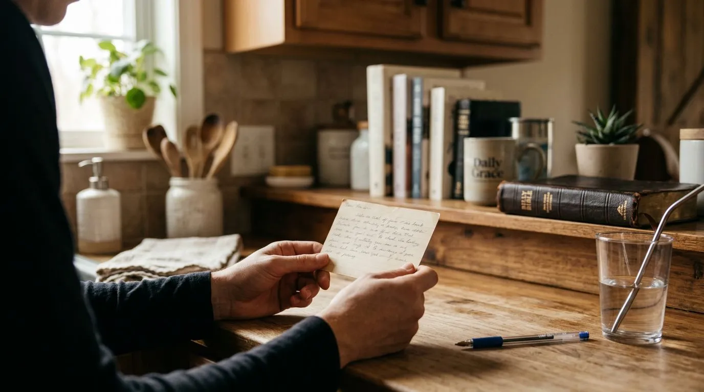 Hands holding a notecard with prayer notes near a kitchen counter, with a Bible nearby and daylight in the background.