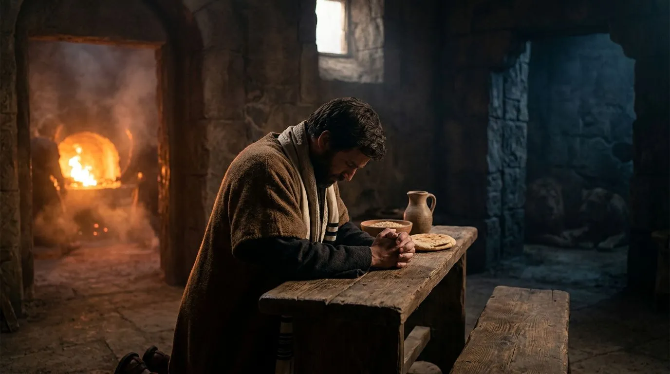 Faithful prayer in difficult times, with fiery and lion-den hardship suggested in the background.