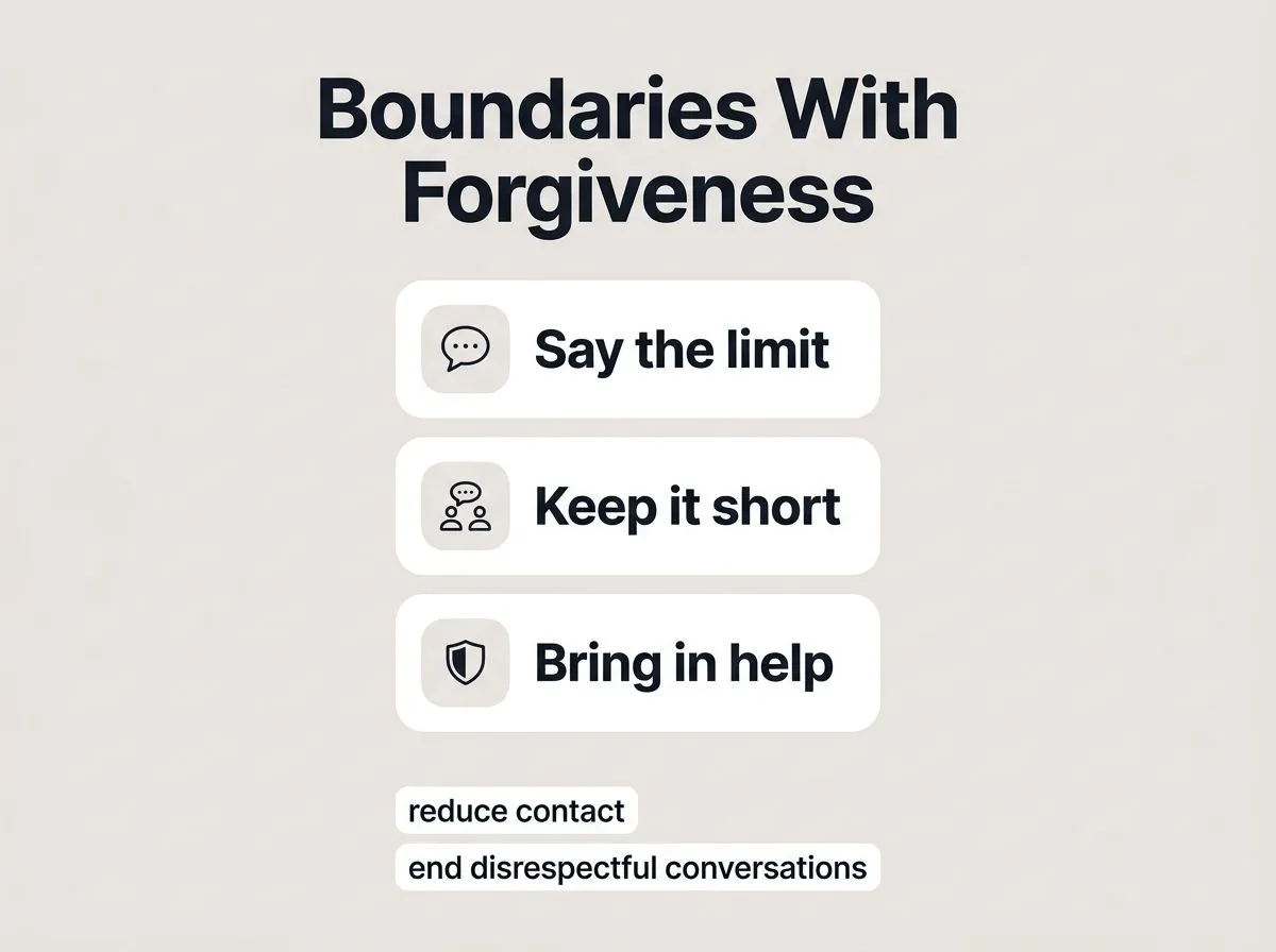 Infographic showing three steps to set Christian boundaries while keeping forgiveness, with short example limits and a help option.