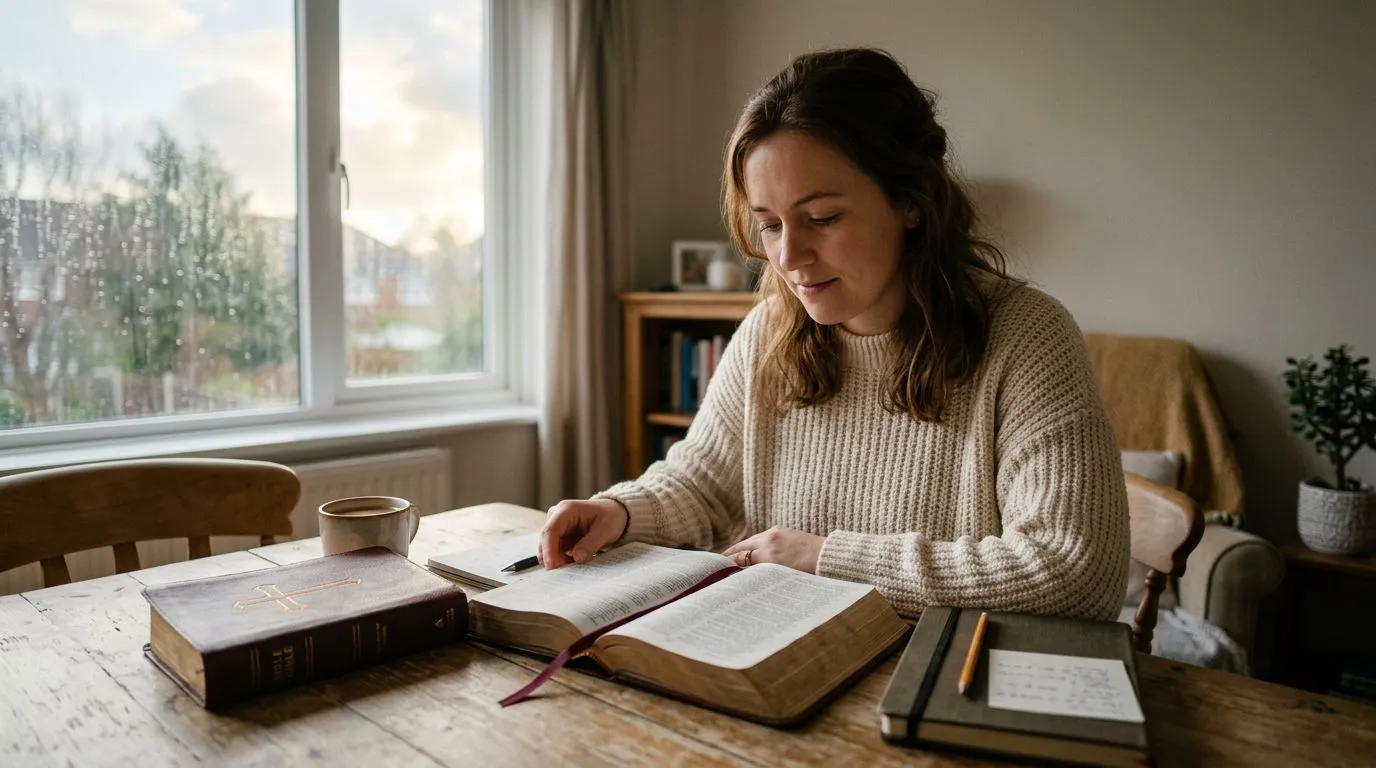 Open Bible in a quiet room, with hopeful light and stormy symbolism outside the window.