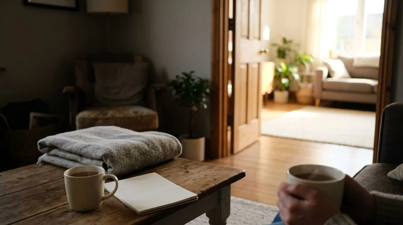 Living room scene with separate seating areas suggesting healthy distance from harmful relationship patterns.