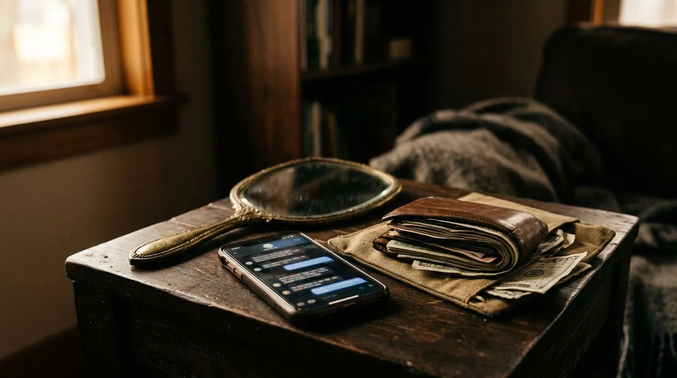 Everyday objects symbolizing pride, gossip, and greed without readable text.