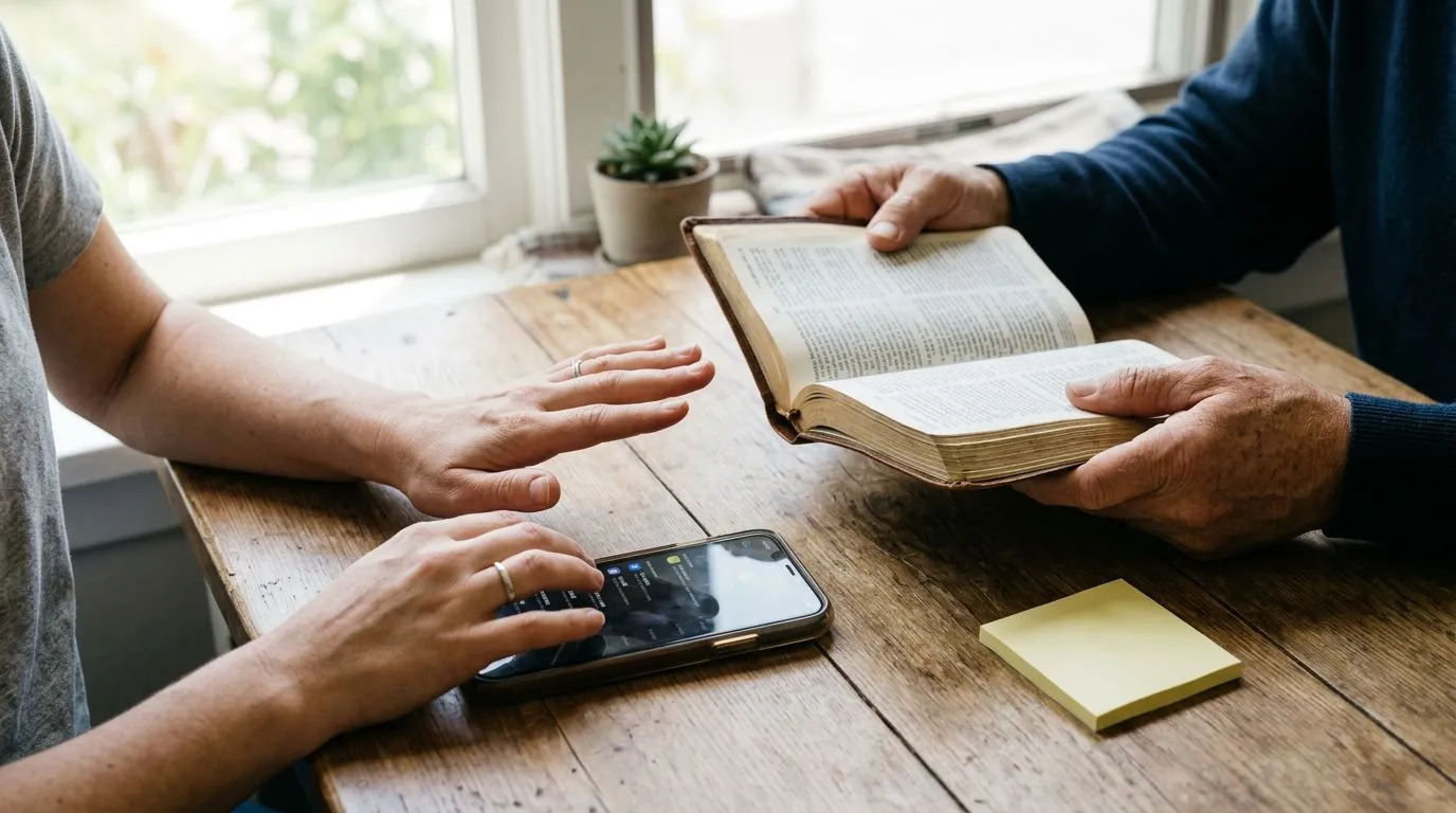 A person pauses before acting, with a Bible nearby and a phone screen blurred.