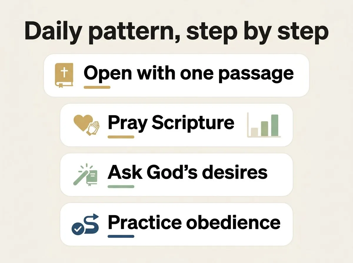 Infographic-style steps showing how to build a daily rhythm of prayer, Scripture, and obedience.