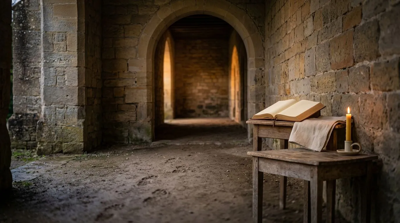 A stone shelter and warm light represent God’s present help and protection in trouble.