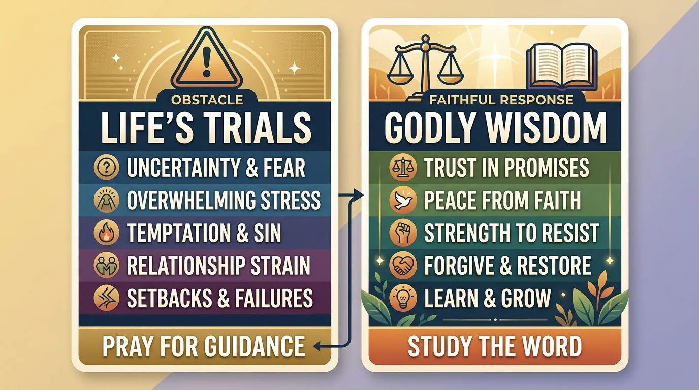 Comparison infographic showing common obstacles and Scripture-guided responses with a practical next step.