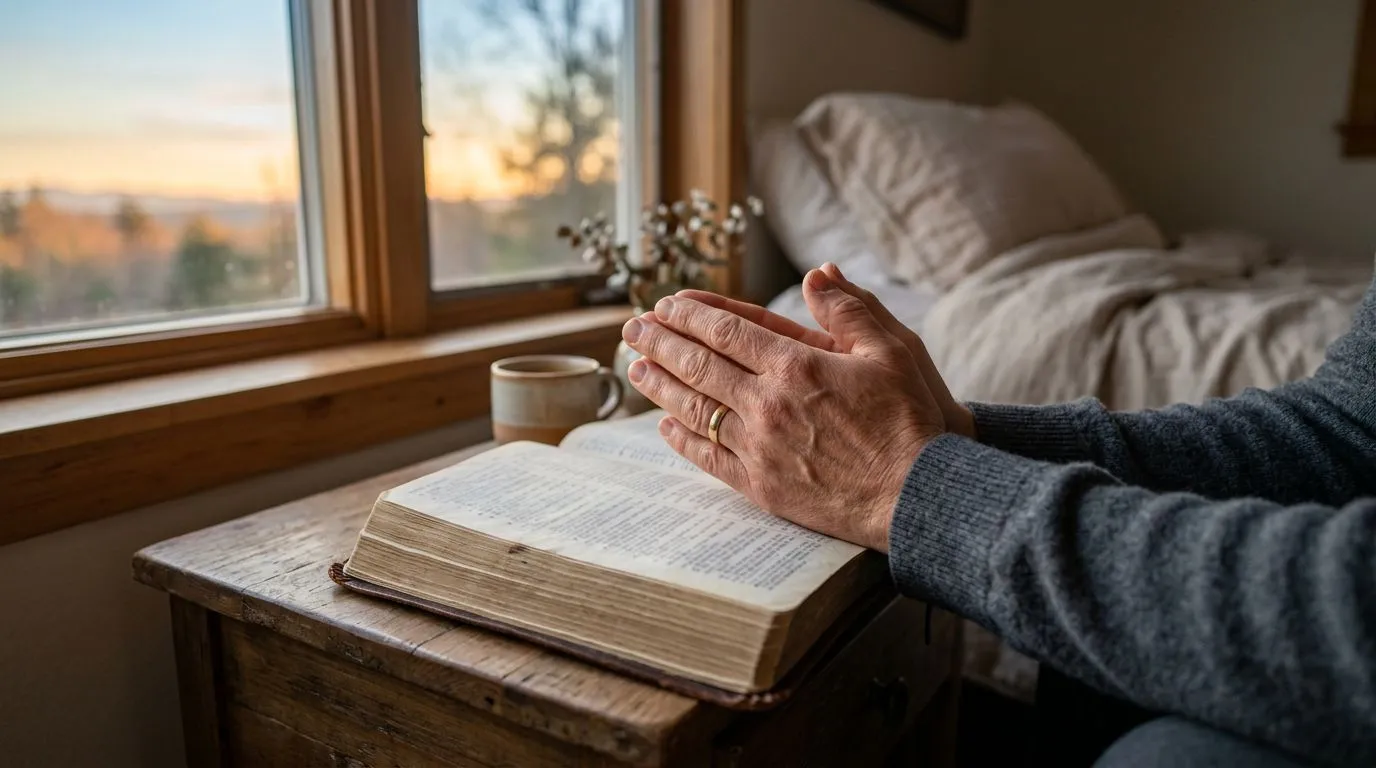 Clasped hands in prayer beside an open Bible during sunrise light.