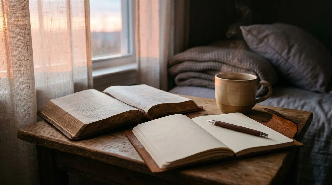 Morning devotional setup with an open Bible, blank journal page, and warm mug, no readable text.