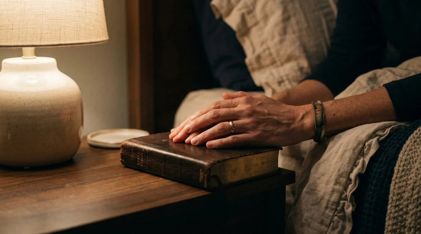 Hands resting near a closed Bible on a nightstand during quiet bedtime prayer.