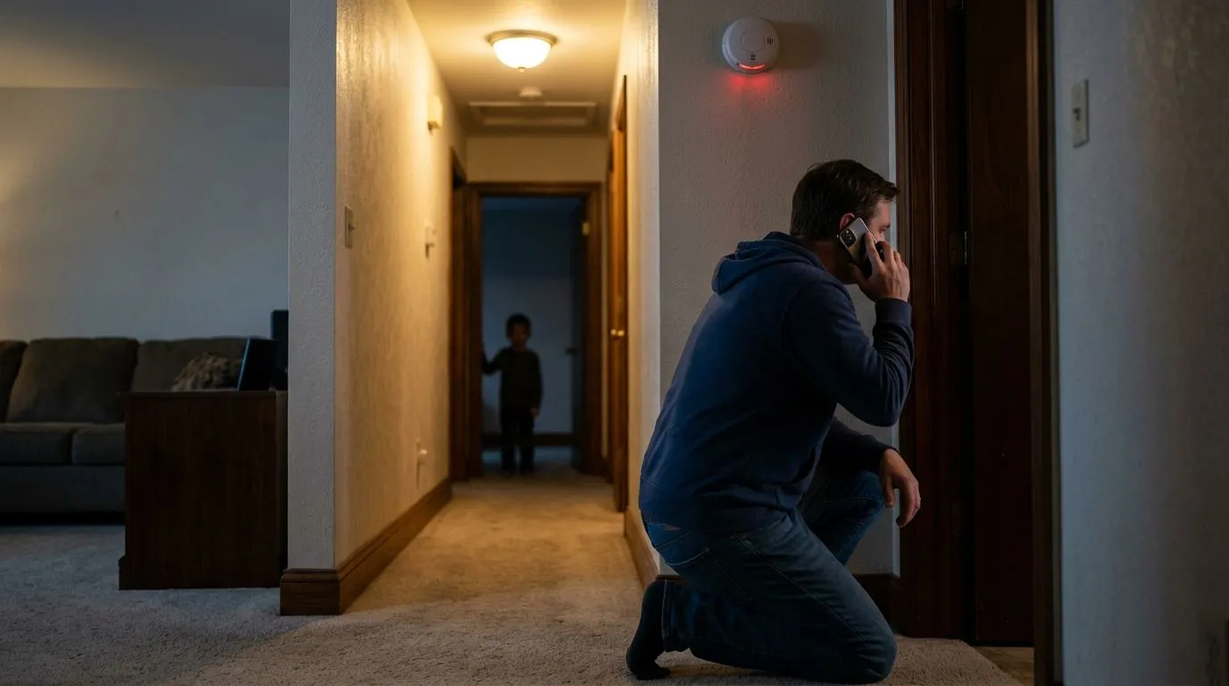 A parent in a home responding to an urgent situation while calling for help, illustrating protection plus immediate safety action.