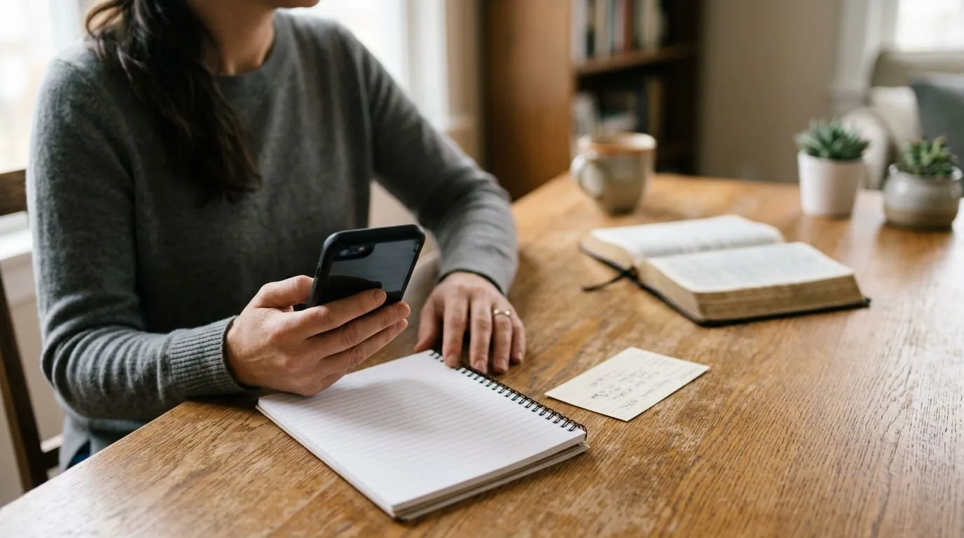 A calm scene showing prayer alongside medical guidance, with an open Bible in the background and an appointment note card nearby.