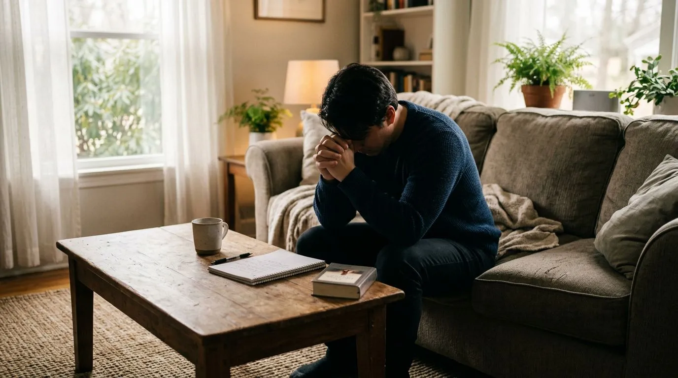 Hands clasped in prayer in a calm living room morning scene
