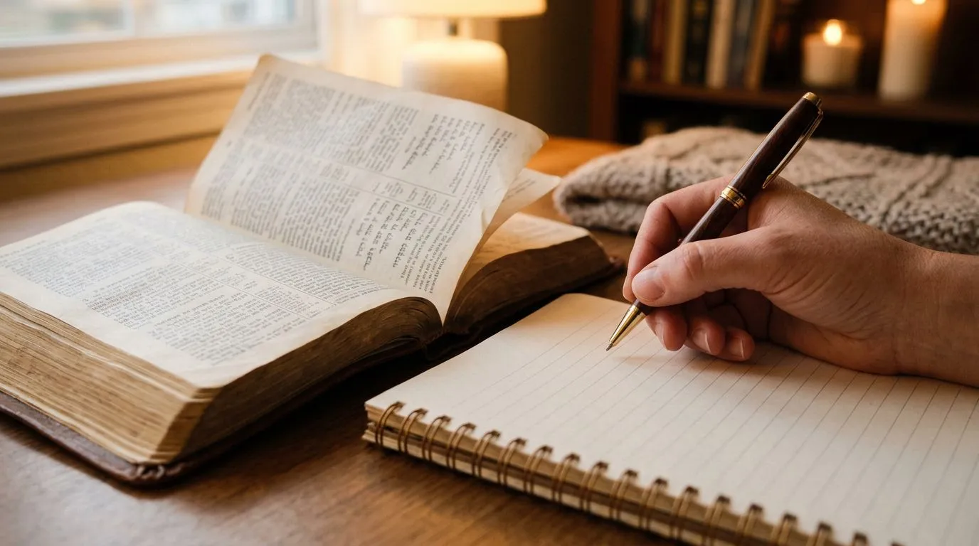Hand writing beside an open Bible