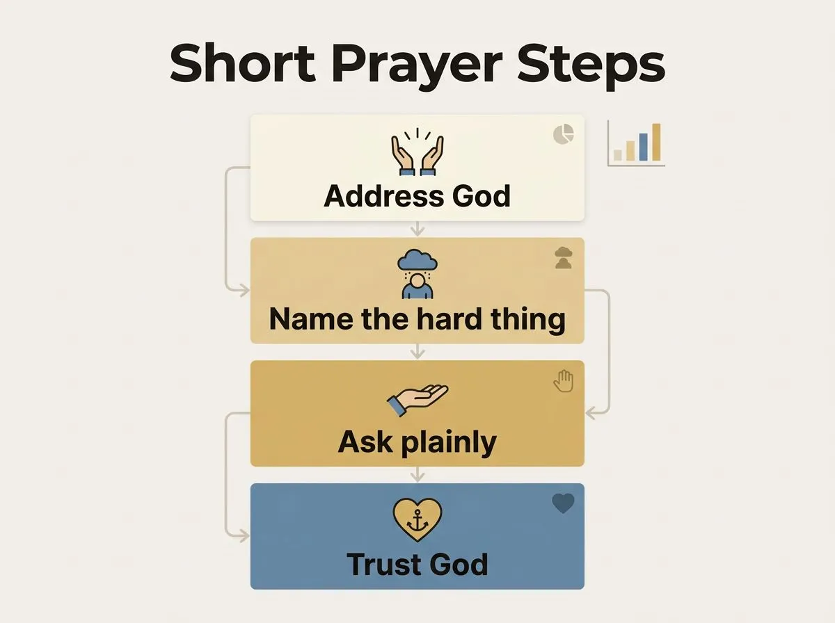 Infographic showing simple steps to structure a short prayer for difficult times.
