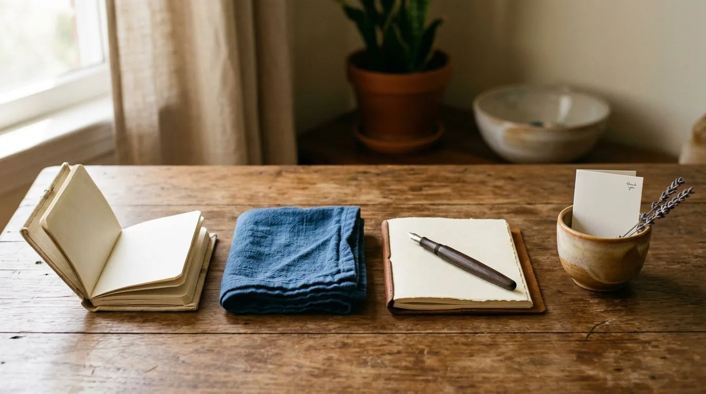 Four objects arranged in a row to represent opening, surrender, request, and gratitude.