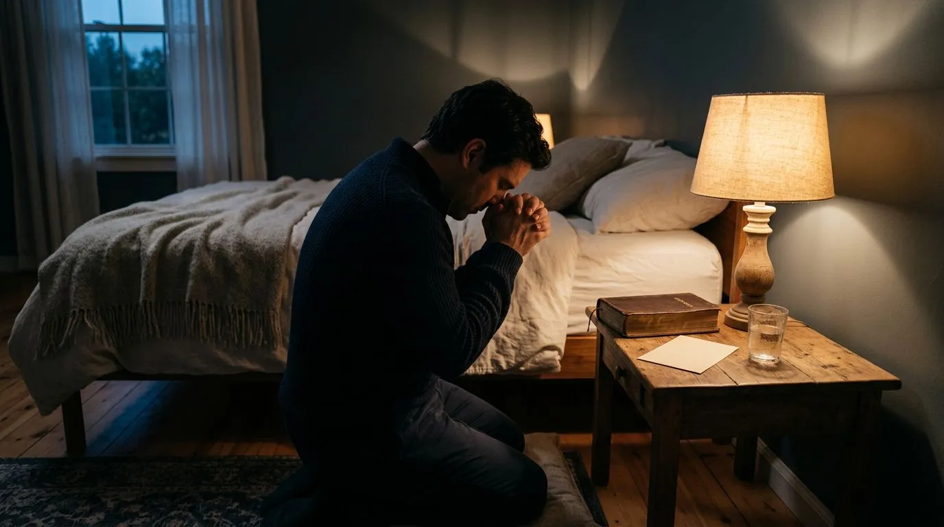 A quiet prayer moment at night with clasped hands and a Bible nearby.