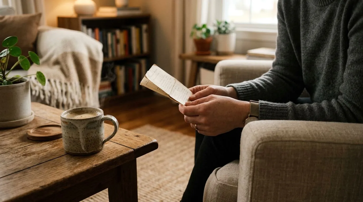 Realistic close-up of a prayer card and a calm home setting for saying a simple prayer.