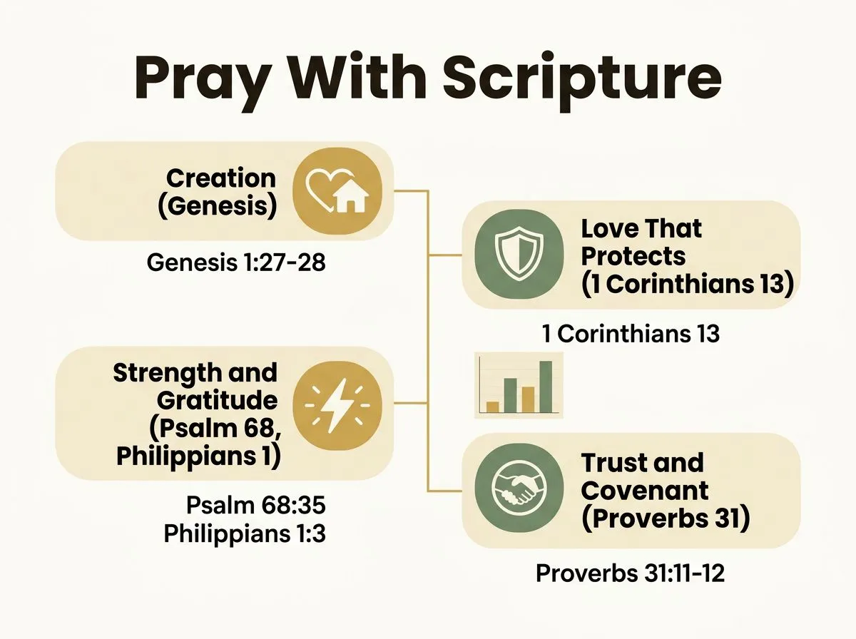 Infographic-style graphic showing key Bible themes for praying for your wife.