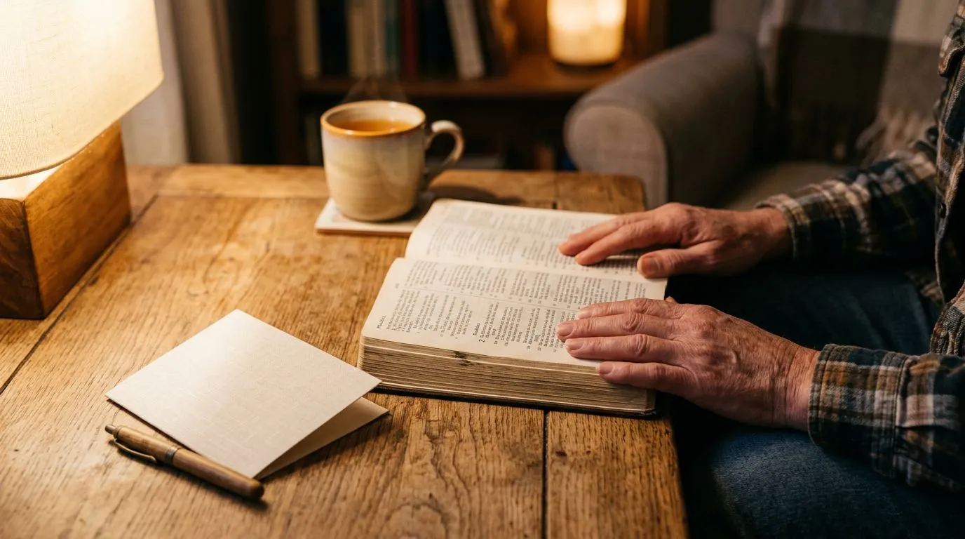 Open Bible on a table with a calm, prayerful setting and hands in view, no readable text.