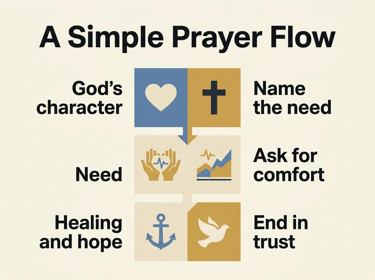 Three-step prayer flow graphic showing God’s character, naming the need, and ending with trust for comfort and healing.