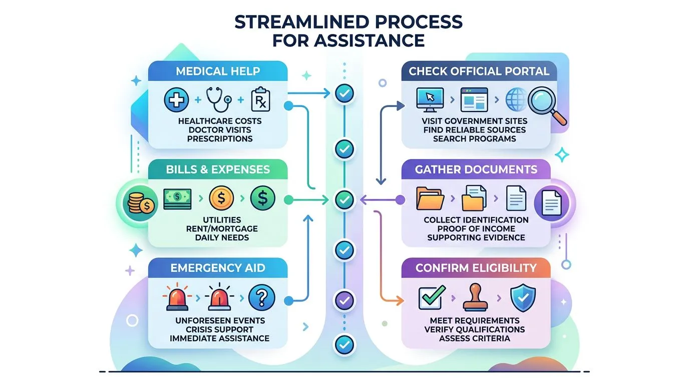 Infographic showing categories of financial assistance and steps to verify eligibility using official information.