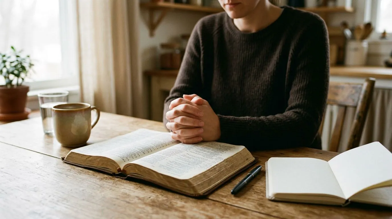 Open Bible and blank prayer notebook with pen on a table, soft light, peaceful atmosphere, no readable text.