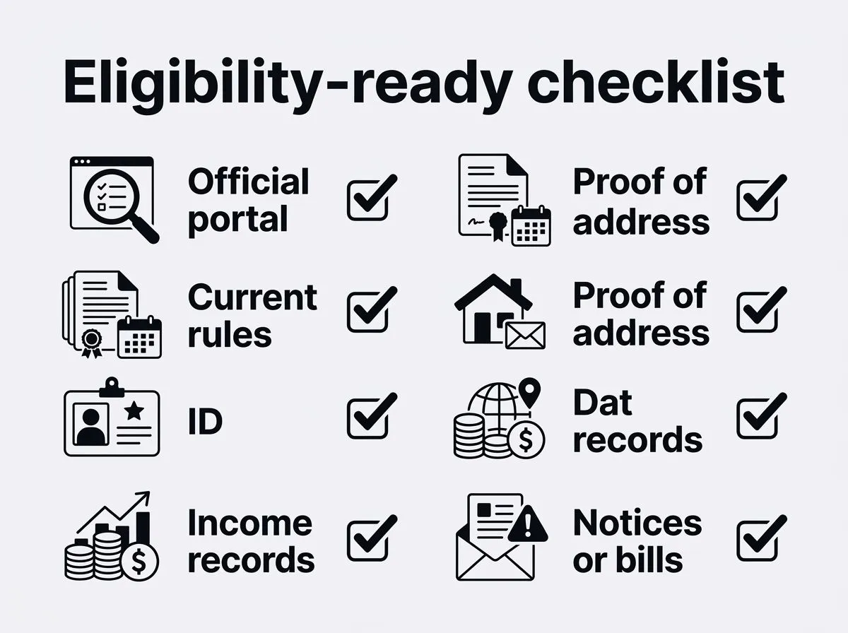 Checklist-style infographic for verifying current eligibility requirements and gathering needed documents.