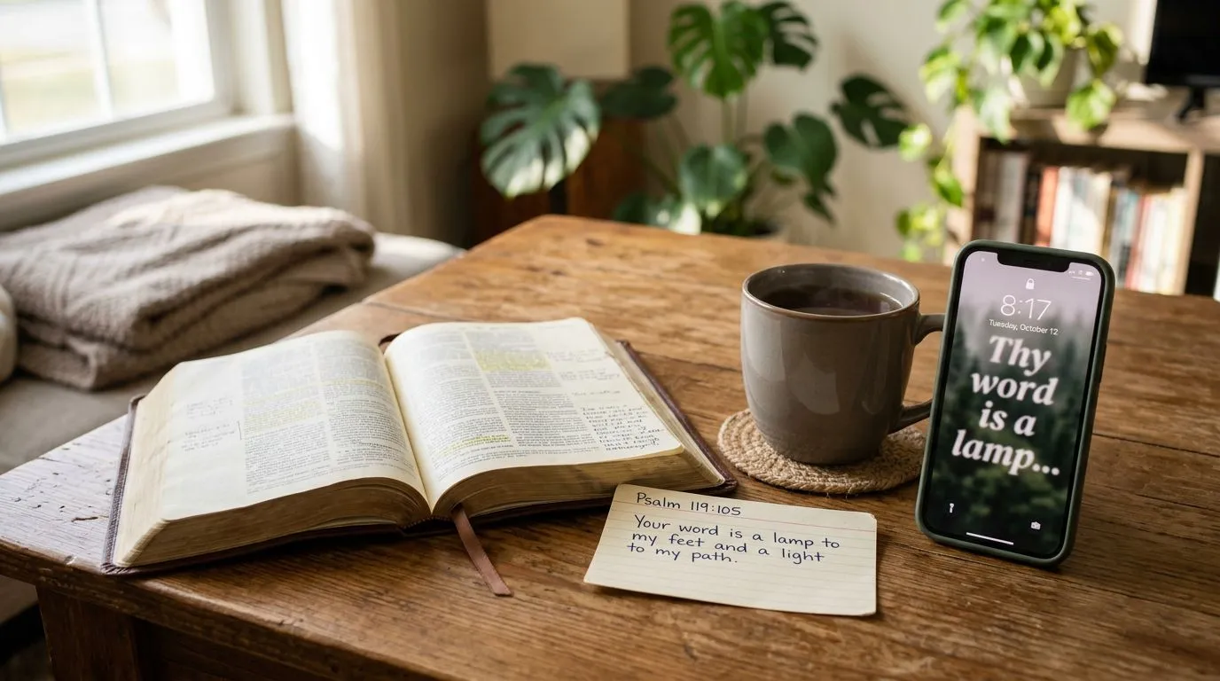 Morning prayer setup with open Bible, note card, and phone lock-screen style verse image, no readable text.