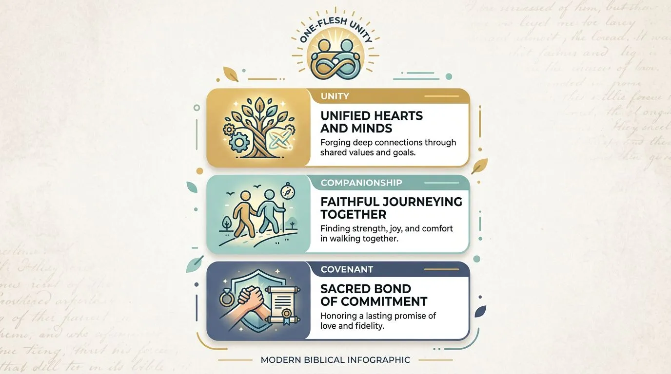 Infographic-style graphic showing key Bible themes of marriage: companionship, unity, covenant, and shared purpose.