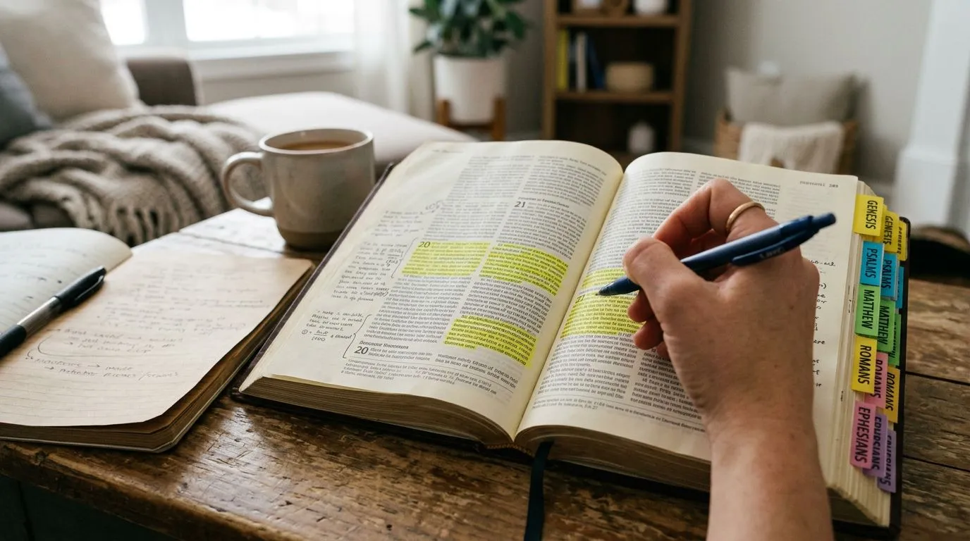 Close-up of an open Bible with notes and tabs in a home setting.