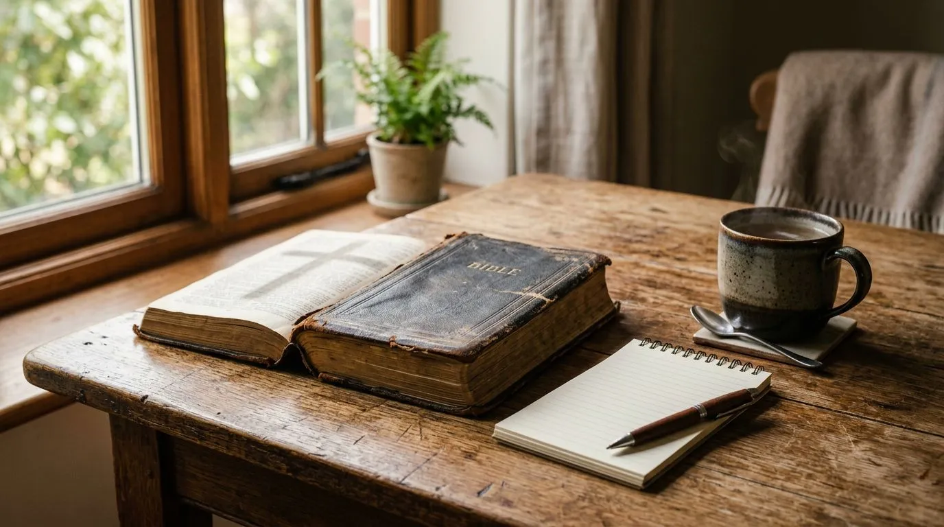 A Bible on a wooden table with a notepad and pen, suggesting honest prayer for forgiveness.