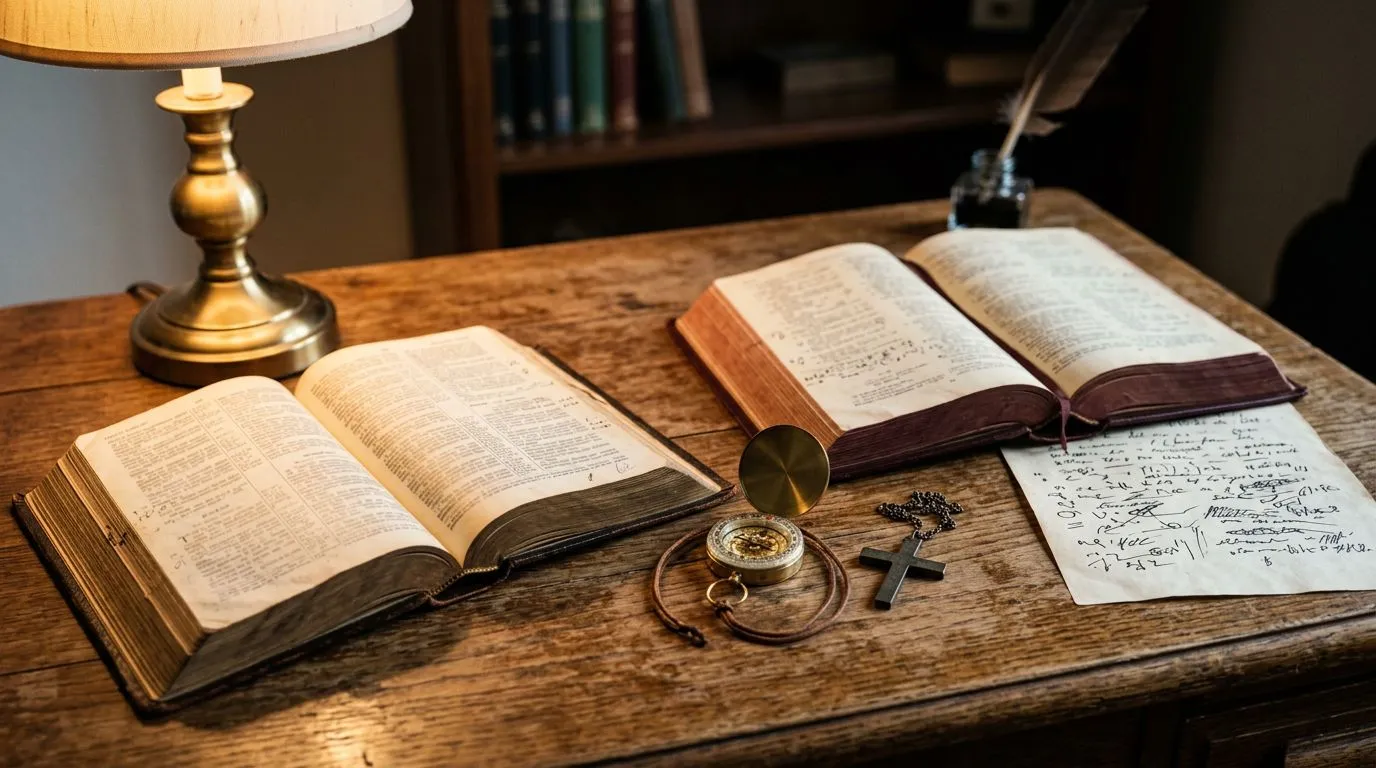 Open Scriptures and study materials arranged on a desk, showing how multiple passages connect on forgiveness.