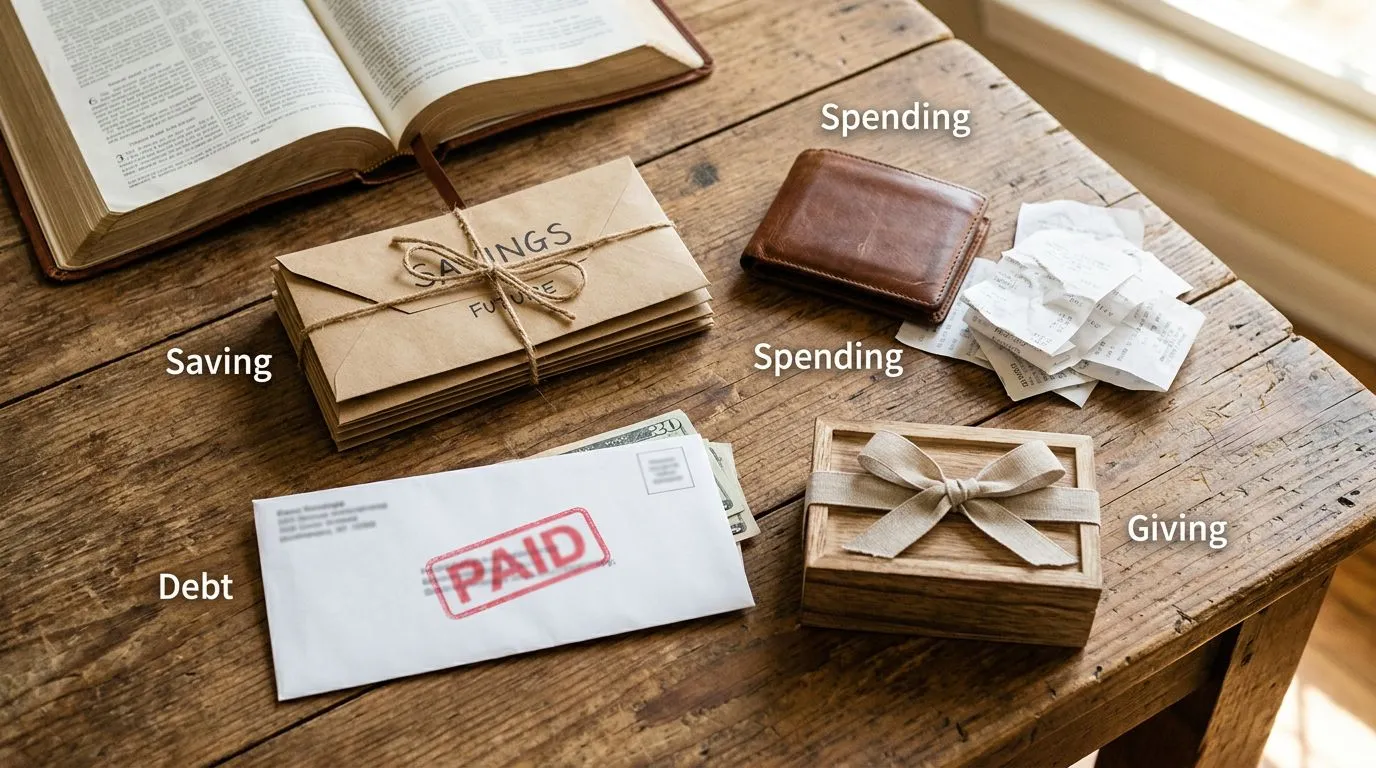 Flat-lay of everyday items symbolizing saving, spending, debt, and giving alongside a Bible.