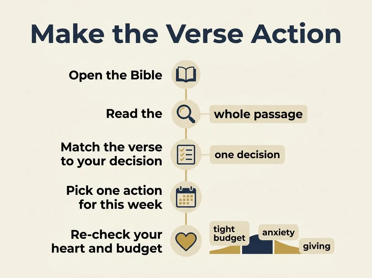 Infographic steps for applying Bible verses to spending, loans, work, purchases, and giving decisions.